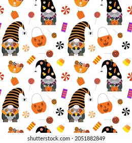 Vector cute Halloween gnomes, sweets, pumpkin bucket, bowl seamless pattern. Isolated on white background.