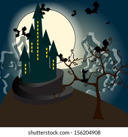 Vector cute Halloween haunted castle illustration