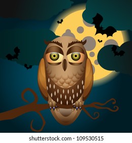 Vector cute Halloween illustration with full Moon, bats and owl