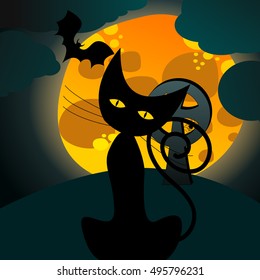 Vector cute Halloween illustration with full Moon, bats and black cat