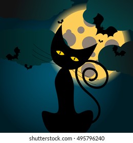 Vector cute Halloween illustration with full Moon, bats and black cat