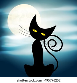 Vector cute Halloween illustration with full Moon, clouds and black cat