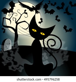 Vector cute Halloween illustration with full Moon, bats and black cat