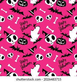 Vector cute halloween pattern with pumpkin, ghost, headstone, skeleton, witch had on pink background for fabrics, paper, textile, gift wrap