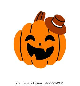 Vector cute halloween pumpkin character with smiling face and hat. Funny halloween jack o lantern in flat design.