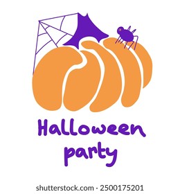 Vector cute Halloween pumpkins, spider and spiderweb,  hand written  words Halloween party in orange and purple colors for Halloween decoration. Isolated on white background.