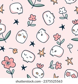 Vector cute halloween seamless pattern with sugar skulls and flowers. Halloween kids party. Funny skull fabric design. 