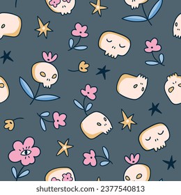 Vector cute halloween seamless pattern with sugar skulls and flowers. Halloween kids party. Funny skull fabric design. 