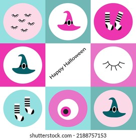 Vector Cute Halloween Set, poster, card wiih Witch ha and shoes, flat cartoon vector illustration.