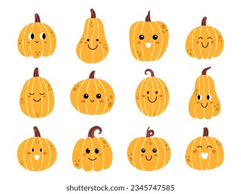 Halloween vectorial lindo o juego de calabaza de acción de gracias. Colección de calabazas de kawaii felices halloween con rubor. Calabaza con caras lindas. Calabazas divertidas sonrientes preparadas para halloween o acción de gracias.