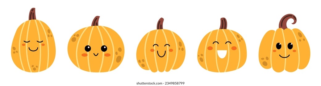 Vector cute halloween or thanksgiving pumpkin set. Collection of kawaii happy halloween pumpkins. Laughing pumpkins with cute faces. Funny smiling pumpkins for halloween or thanksgiving celebration.