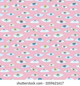 Vector cute hand cartoon drawing monsters eyes seamless pattern background