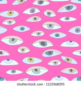 Vector cute hand cartoon drawing monsters eyes seamless pattern background