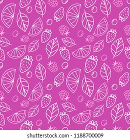 Vector cute hand drawing berries seamless pattern background. Strawberry,blueberries, raspberries, mint fresh healthy food.
