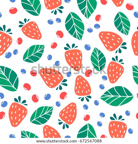 Vector cute hand drawing berries seamless pattern background. Strawberry,blueberries, raspberries, mint fresh healthy food.
