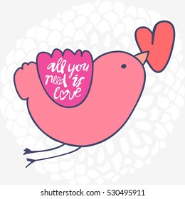 Vector cute hand drawing bird with a heart Valentine illustration card template