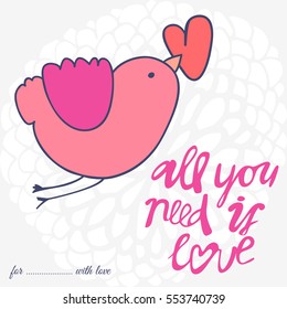 Vector cute hand drawing bird with a heart Valentine illustration card template