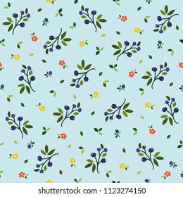Vector cute hand drawing flowers and berries seamless pattern background. Floral background with hand drawn flowers, leaves and blueberry. Summer colors pattern for wedding, invitations, paper design.