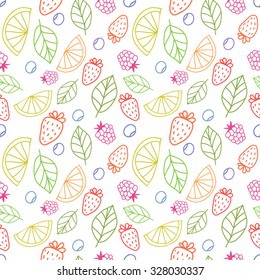 Vector cute hand drawing fruits seamless pattern background. Strawberry, lime, orange, blueberries, raspberries, mint fresh healthy food.