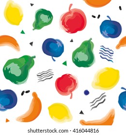 Vector cute hand drawing fruits seamless pattern. Background with green grocery
	
