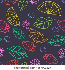 Vector cute hand drawing fruits seamless pattern background. Strawberry, lime, orange, blueberries, raspberries, mint fresh healthy food.