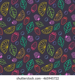 Vector cute hand drawing fruits seamless pattern background. Strawberry, lime, orange, blueberries, raspberries, mint fresh healthy food.
