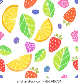 Vector cute hand drawing fruits seamless pattern background. Strawberry, lime, orange, blueberries, raspberries, mint fresh healthy food.