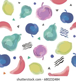 Vector cute hand drawing fruits seamless pattern. Watercolor fruits. Background with pears, apples, lemons and bananas