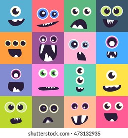 Vector cute hand drawing funny monster faces set background