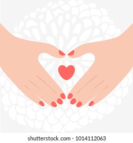 Vector cute hand drawing hands with heart. Romantic card  background template