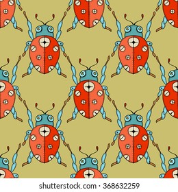 Vector cute hand drawing ladybug seamless pattern background. Vector illustration.