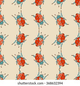 Vector cute hand drawing ladybug seamless pattern background. Vector illustration.