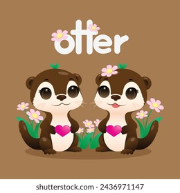 Vector cute hand drawing love otter