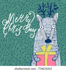 Vector cute hand drawing Merry Christmas deer with gift template card background
