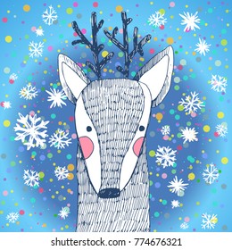 Vector cute hand drawing Merry Christmas deer with gift template card background
