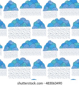 Vector cute hand drawing rainy clouds seamless pattern background