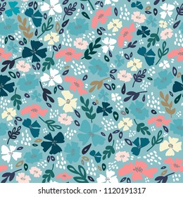 Vector cute hand drawing romantic flowers. Seamless botanical background. Summer floral pattern.