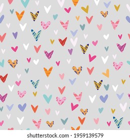 Vector cute hand drawing romantic cartoon hearts seamless pattern background