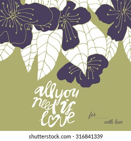 Vector cute hand drawing romantic card with blue flowers background template