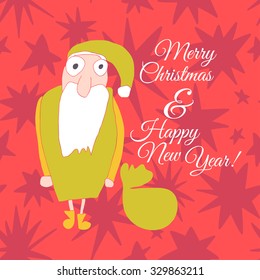 Vector cute hand drawing Santa illustration background. Christmas and New Year celebrating card template.