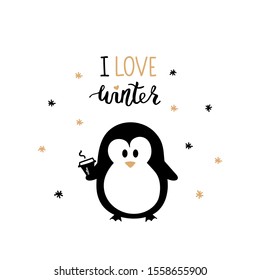 Vector cute hand drawn black Penguin and hand lettering I love winter isolated on white background.