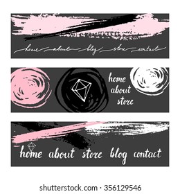 Vector cute hand drawn blog, website headers set. Modern calligraphy elements, brush strokes and circles. Clipping mask is used.