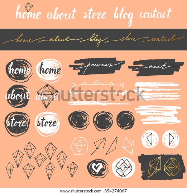 Vector cute hand drawn blog, website elements
(menu buttons, dividers, brush strokes, circles), crystals. Modern
calligraphic elements.