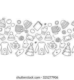 Vector Cute Hand Drawn Border Seamless Pattern With Winter Elements Of Clothes And Other Cozy Warm Stuff For Girls 