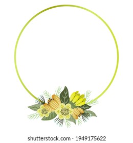 Vector cute hand drawn bouquet of flowers with golden circle frame, isolated on white