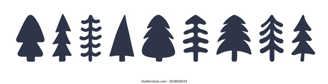 Vector cute hand drawn Christmas trees set isolated on white background. Doodle ink scandinavian stylized spruce, abstract fir silhouette icons collection. New Year symbol for print, web, winter decor