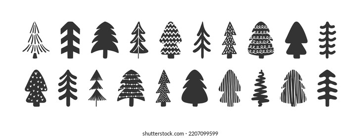 Vector cute hand drawn Christmas trees set on white background. Doodle ink scandinavian stylized spruce, childish fir silhouette icons collection. New Year symbol for print, web, winter decor