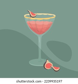 Vector cute hand drawn cocktail drinking glass. Pink drink with fig fruits. For magazines, greeting cards, banners, illustrations etc.