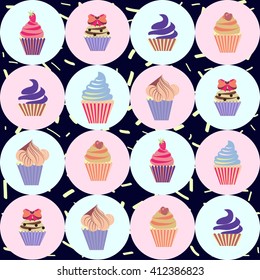 Vector Cute Hand drawn colorful seamless pattern with cupcakes, Sweets background.