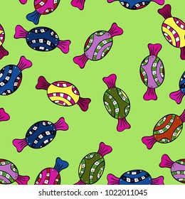 Vector. Cute hand drawn dessert illustration seamless pattern with green, black and magenta background.